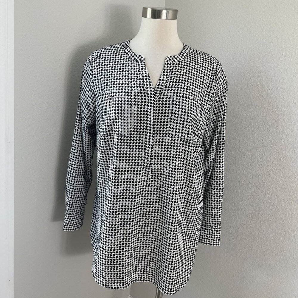 Talbots Womens Plus X Houndstooth Tunic Top Long Sleeve Black White Shirt Blouse